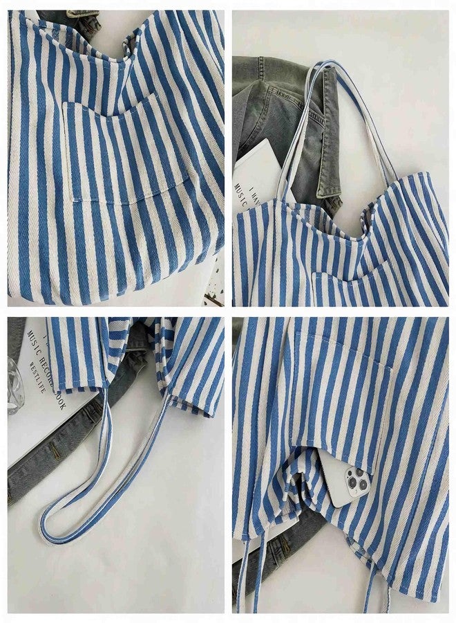 Winatehr canvas tote bag for women, beach striped medium size shoulder bag with pocket, college everyday casual tote bag for work - Image 5